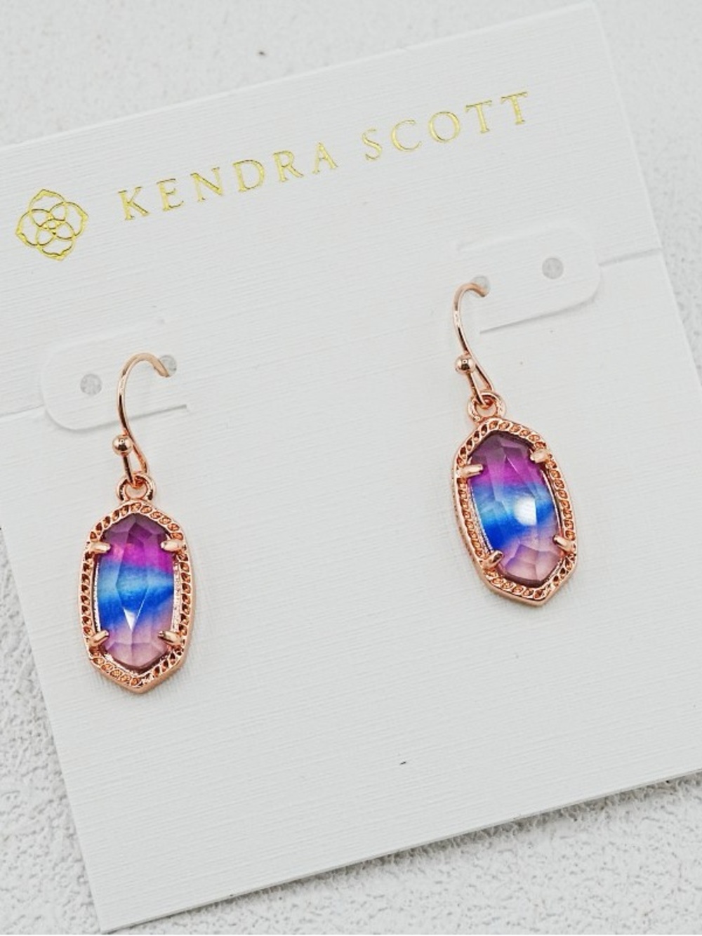 Kendra Scott Rose Gold Iridescent Pink & Blue Drop Earrings